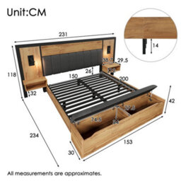 Merax 5Ft King Bed 150X200 Cm, Linen Upholstered Bed Frame With Reading Lights, Usb-C, Bedside Tables & Storage Bench, Oak - thumbnail 4