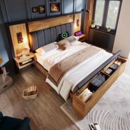 Merax 5Ft King Bed 150X200 Cm, Linen Upholstered Bed Frame With Reading Lights, Usb-C, Bedside Tables & Storage Bench, Oak - thumbnail 3