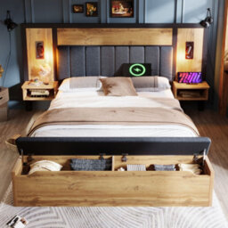 Merax 5Ft King Bed 150X200 Cm, Linen Upholstered Bed Frame With Reading Lights, Usb-C, Bedside Tables & Storage Bench, Oak - thumbnail 2
