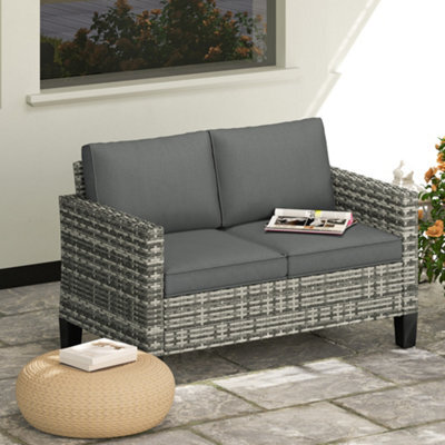 Outsunny Rattan Sofa With Cushions, 2 Seater Garden Furniture, Light Grey - image 1