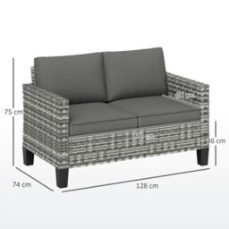 Outsunny Rattan Sofa With Cushions, 2 Seater Garden Furniture, Light Grey - thumbnail 3
