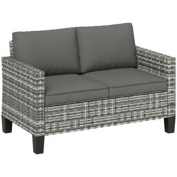 Outsunny Rattan Sofa With Cushions, 2 Seater Garden Furniture, Light Grey - thumbnail 2