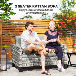 Outsunny Rattan Sofa With Cushions, 2 Seater Garden Furniture, Light Grey - thumbnail 4