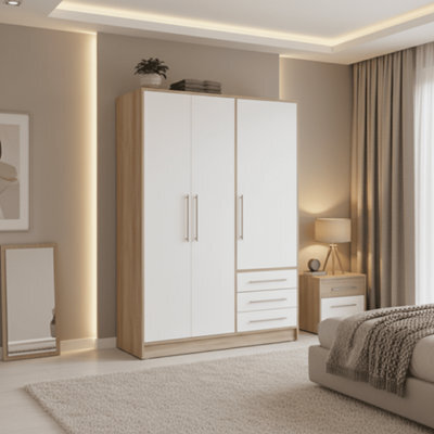 Amos Mann Furniture Essen 3 Door Wardrobe With Drawers White And Oak Effect - image 1