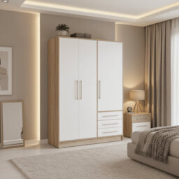 Amos Mann Furniture Essen 3 Door Wardrobe With Drawers White And Oak Effect - thumbnail 1
