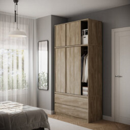 Urbn-Living Urbnliving 240Cm Height 6 Sliding Door 4 Drawer Oak Freestanding Wardrobe Clothes Storage Hanging Rail Bedroom - thumbnail 3