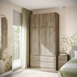 Urbn-Living Urbnliving 240Cm Height 6 Sliding Door 4 Drawer Oak Freestanding Wardrobe Clothes Storage Hanging Rail Bedroom - thumbnail 2
