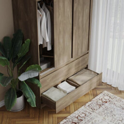 Urbn-Living Urbnliving 240Cm Height 6 Sliding Door 4 Drawer Oak Freestanding Wardrobe Clothes Storage Hanging Rail Bedroom - thumbnail 8