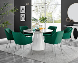 Furniturebox Uk Palma White Marble Effect Round Dining Table & 6 Green Calla Silver Leg Chairs - thumbnail 1