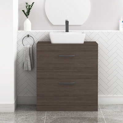 Royal Bathrooms 800mm Floor Standing Vanity Unit 2 Drawer Grey Elm & Countertop Basin - Cube With Matt Black Handle - image 1