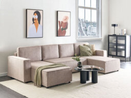 Beliani U-Shape Sofa Bed 4 Seater Vatne Fabric Taupe With Storage - thumbnail 2