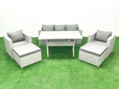 Fimous Garden Dining Set Outdoor Rattan Furniture Set Sofa Dining Table 2 Chairs 2 Big Stools Light Grey - image 1