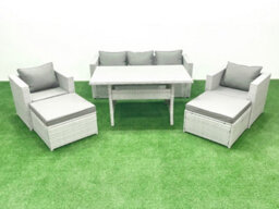 Fimous Garden Dining Set Outdoor Rattan Furniture Set Sofa Dining Table 2 Chairs 2 Big Stools Light Grey - thumbnail 2