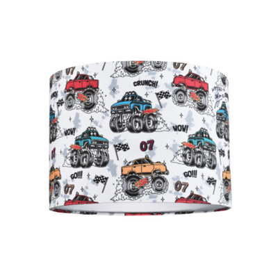Happy Homewares Modern And Colourful Monster Trucks Kids Cotton Fabric Drum Lamp Shade - 25Cm - image 1
