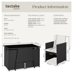 Tectake Garden Furniture Set Lausanne - 2 Chairs, 1 Table, Bistro Set, Weather Resistant - Black - thumbnail 6