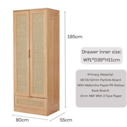 2-Door Rattan Wardrobe Closet With Drawer - Natrual - thumbnail 5