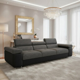 Torezio 3 Seater Sofa For Living Room With Adjustable Headrests Chipboard Frame Metal Legs 263X102X70Cm Black And Dark Grey