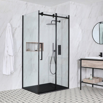 Homestylestore Black Reversible Corner Frameless Sliding Door Shower Enclosure With Graphite Slate Effect Tray 1400 X 900mm - image 1