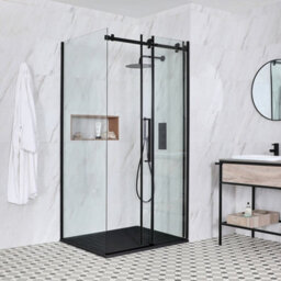 Homestylestore Black Reversible Corner Frameless Sliding Door Shower Enclosure With Graphite Slate Effect Tray 1400 X 900mm - thumbnail 2