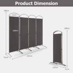 Gainoom 4 Panel Grey Room Divider 188Cm Folding Privacy Screen Portable Freestanding Divider - thumbnail 2