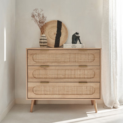 Sweeek - 3-Drawer Chest With Wood And Rounded Cane Rattan Natural 90X39X79 Cm - Eva - image 1