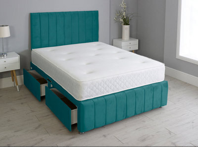 Comfy Deluxe 5Ft King Panel Green Plush Divan Bed Set Headboard & Footboard 2 Drawers Right Side - image 1