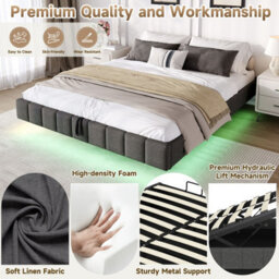 Merax 4Ft6 Double Floating Bed Frame 135X190 Cm, No Headboard Upholstered Bed, Hydraulic Storage, Smart Rgb Led Lights, Grey - thumbnail 7