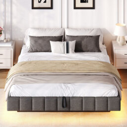 Merax 4Ft6 Double Floating Bed Frame 135X190 Cm, No Headboard Upholstered Bed, Hydraulic Storage, Smart Rgb Led Lights, Grey - thumbnail 2