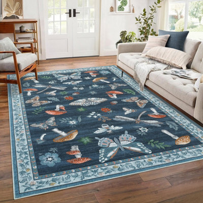 London Boutique 160X230Cm Mushroom Butterfly Area Rug, Washable Non-Slip Low Pile Carpet For Nursery, Bedroom, Living Room, Blue - image 1