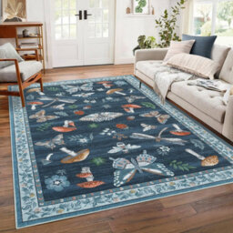 London Boutique 160X230Cm Mushroom Butterfly Area Rug, Washable Non-Slip Low Pile Carpet For Nursery, Bedroom, Living Room, Blue - thumbnail 1