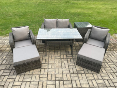 Fimous Rattan Outdoor Garden Furniture Set Rectangular Dining Table And Chair Sofa Set With Side Table 2 Big Footstool - image 1