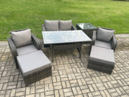 Fimous Rattan Outdoor Garden Furniture Set Rectangular Dining Table And Chair Sofa Set With Side Table 2 Big Footstool - thumbnail 2