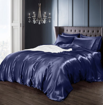 Intimates Luxury Faux Silk Duvet Cover & Pillowcase Set, Stylish Bed Linen With Smooth Satin-Like Finish, Machine Washable - Navy