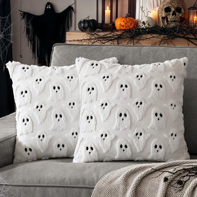 White Halloween Pillow Covers Cute Ghost Decor Set Of 2 18X18 Soft Plush Faux Fur, Spooky Decor, Fall Decorative Throw Pillows - image 1