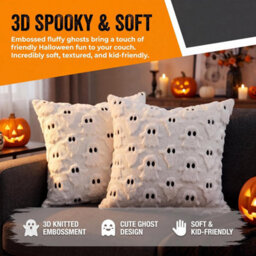 White Halloween Pillow Covers Cute Ghost Decor Set Of 2 18X18 Soft Plush Faux Fur, Spooky Decor, Fall Decorative Throw Pillows - thumbnail 9