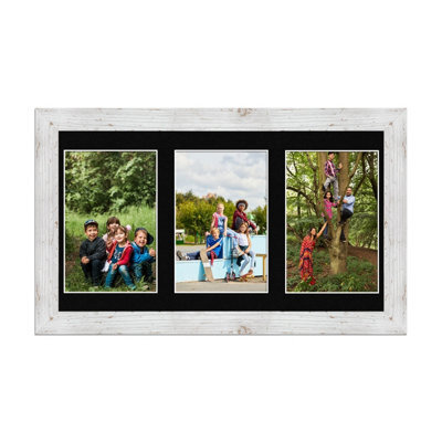 AK Frames 40X20Cm White Rustic Modern Multi Photo Frame With Black Mount - Holds 3 Apertures (3X) 6X4 Photos - image 1