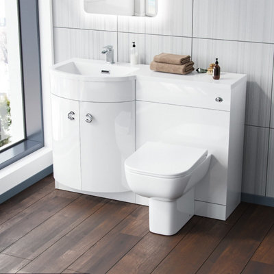 Nes Home 1100mm P Shaped Lh White Vanity Basin Cabinet Wc Unit And Rimless Btw Toilet - image 1