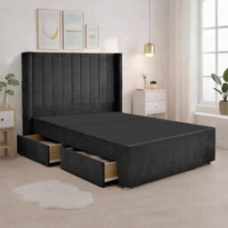 Luxury Black Plush Milan Single Bed Frame With Mattress 54 Inches Wingback Headboard 2 Footend Storage Drawers - thumbnail 3