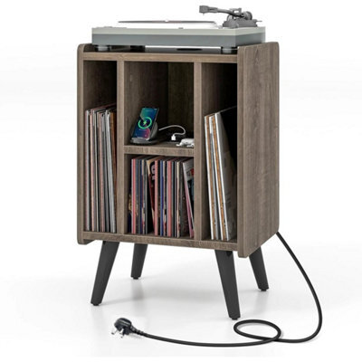 Turntable Cabinet With Charger 4 Tier Vinyl Storage Unit Built-In Usb Grey - image 1