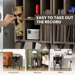 Turntable Cabinet With Charger 4 Tier Vinyl Storage Unit Built-In Usb Grey - thumbnail 5
