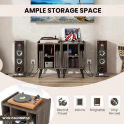 Turntable Cabinet With Charger 4 Tier Vinyl Storage Unit Built-In Usb Grey - thumbnail 4