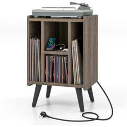 Turntable Cabinet With Charger 4 Tier Vinyl Storage Unit Built-In Usb Grey - thumbnail 1