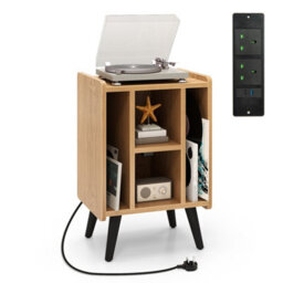 Costway Record Player Stand Vinyl Record Storage Side Table W/ Power Outlet, Natural