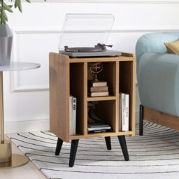 Costway Record Player Stand Vinyl Record Storage Side Table W/ Power Outlet, Natural - thumbnail 4