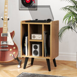 Costway Record Player Stand Vinyl Record Storage Side Table W/ Power Outlet, Natural - thumbnail 5
