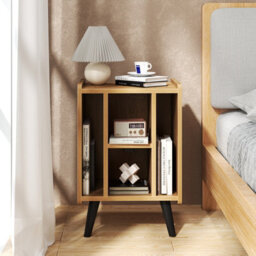 Costway Record Player Stand Vinyl Record Storage Side Table W/ Power Outlet, Natural - thumbnail 3