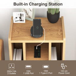 Costway Record Player Stand Vinyl Record Storage Side Table W/ Power Outlet, Natural - thumbnail 8