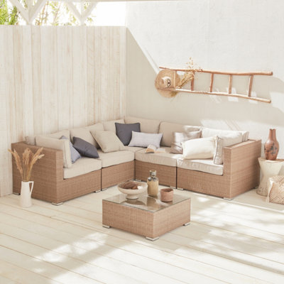 Sweeek - 5-Seater Polyrattan Corner Garden Sofa Set Napoli Beige 234X82X67 Cm - image 1