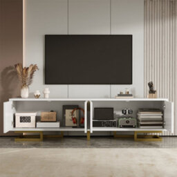 Abrihome Tv Cabinet, Tv Stand With Textured Doors, Tv Furniture, Golden Handles And Golden Legs, White - thumbnail 3