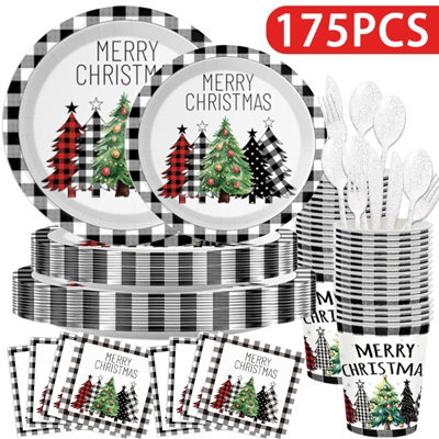 175 Pcs Christmas Tree Party Plates Napkins Christmas Black White Buffalo Plaid Theme Tableware Set,paper Cups,3 Piece Cutlery Set - image 1